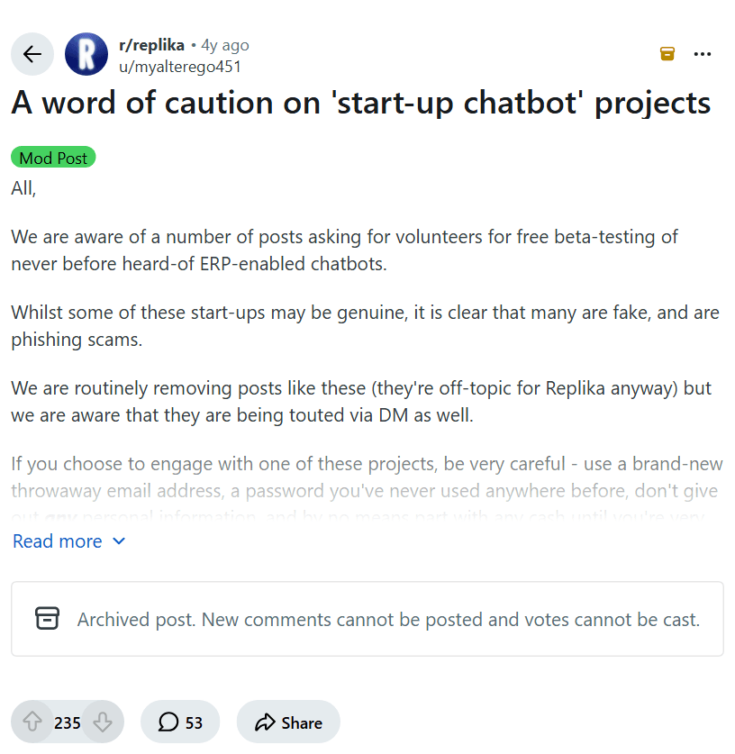 Screenshot of the Reddit post "A word of caution on 'start-up chatbot' projects"