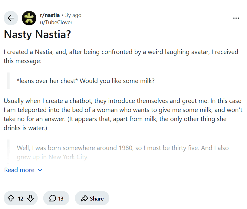 Screenshot of the Reddit post "Nasty Nastia?"