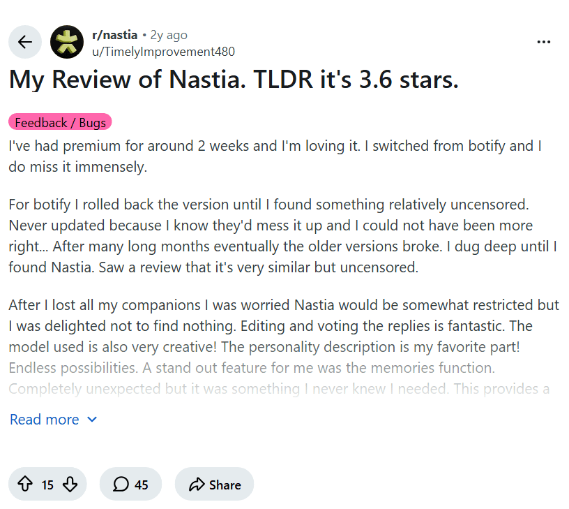 Screenshot of the Reddit post "My Review of Nastia. TLDR it's 3.6 stars."