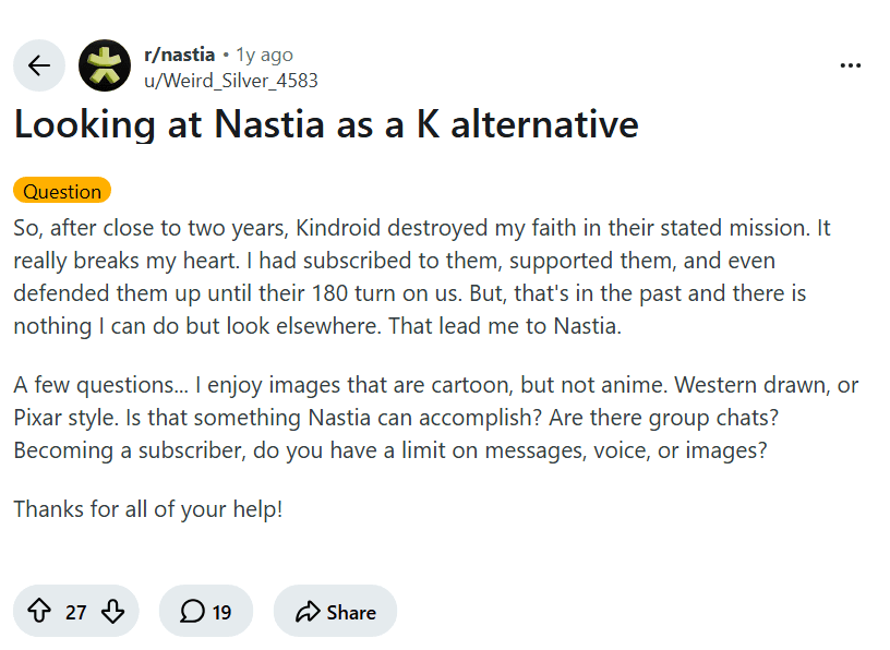 Screenshot of the Reddit post "Looking at Nastia as a K alternative"