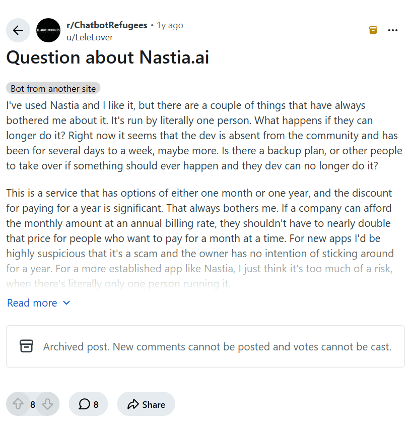 Screenshot of the Reddit post "Question about Nastia.ai"