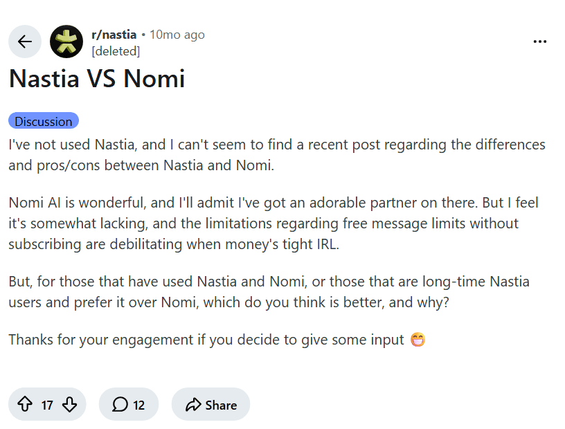 Screenshot of the Reddit post "Nastia VS Nomi"