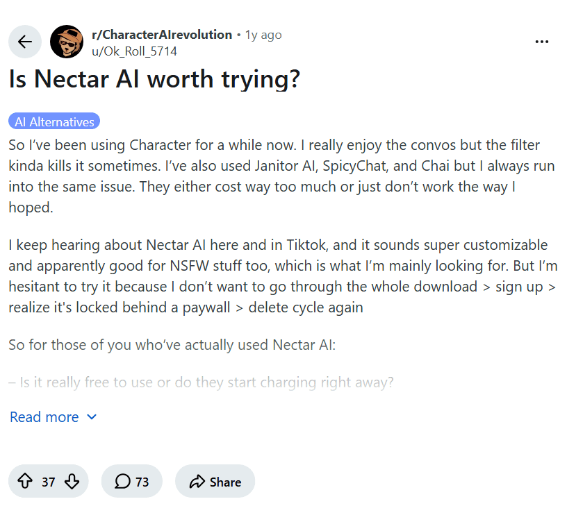 Screenshot of the Reddit post "Is Nectar AI worth trying?"