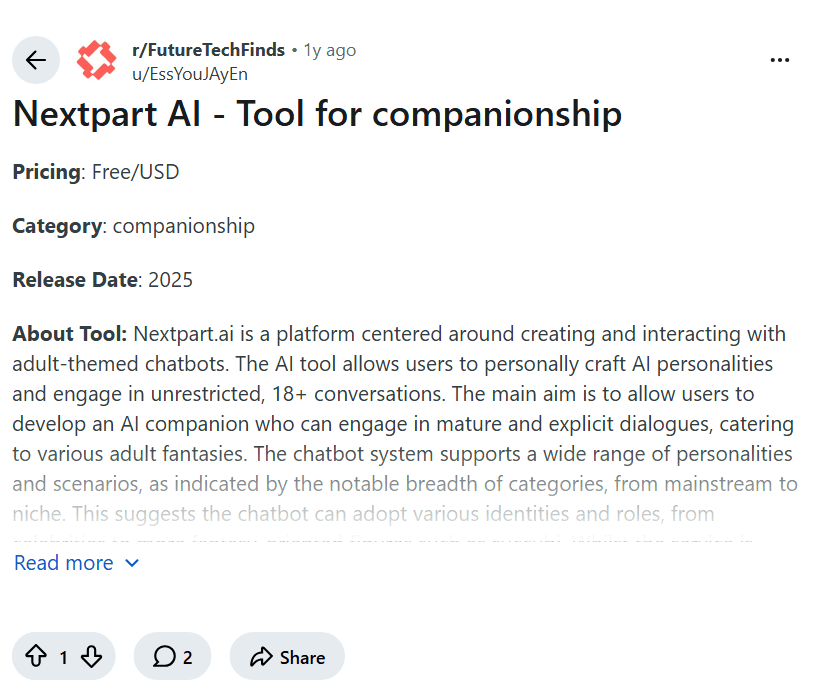 Screenshot of the Reddit post "Nextpart AI - Tool for companionship"