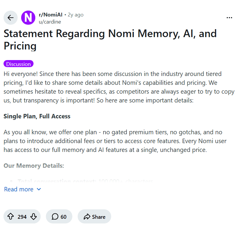 Screenshot of the Reddit post "Statement Regarding Nomi Memory, AI, and Pricing"