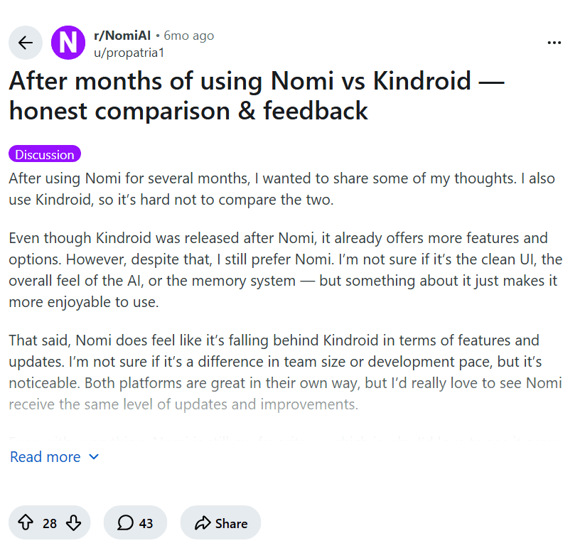 Screenshot of the Reddit post "After months of using Nomi vs Kindroid - honest comparison & feedback"