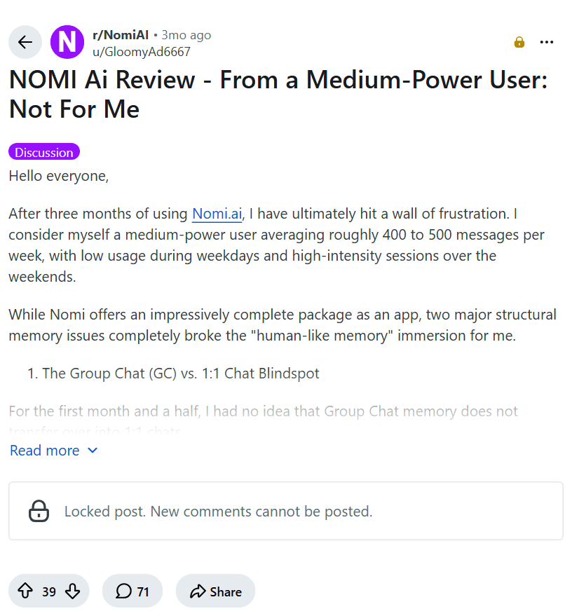 Screenshot of the Reddit post "NOMI Ai Review - From a Medium-Power User: Not For Me"