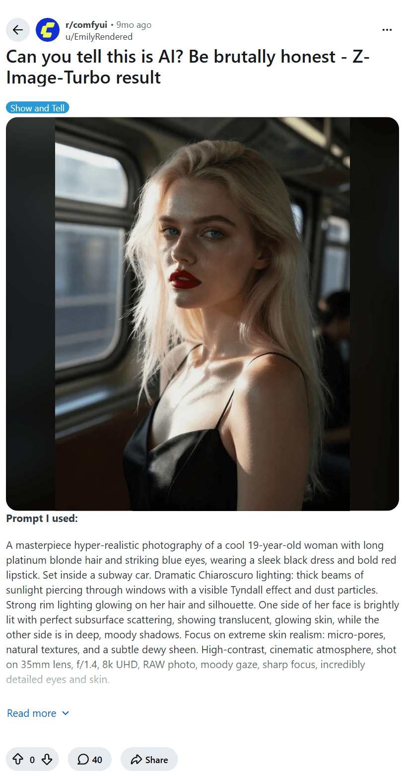 Screenshot of the Reddit post "Can you tell this is AI? Be brutally honest - Z-Image-Turbo result"