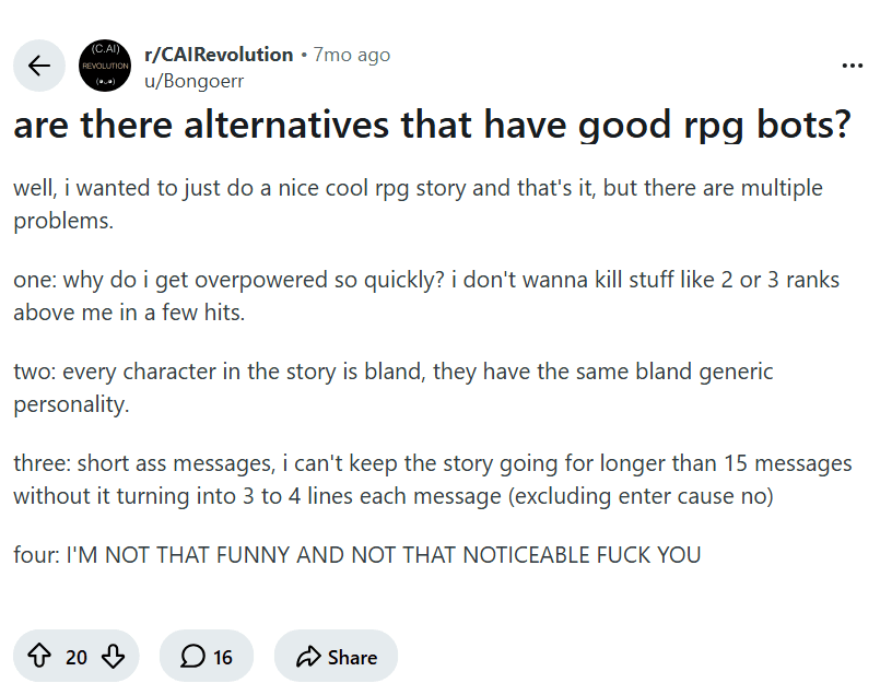 Screenshot of the Reddit post "are there alternatives that have good rpg bots?"