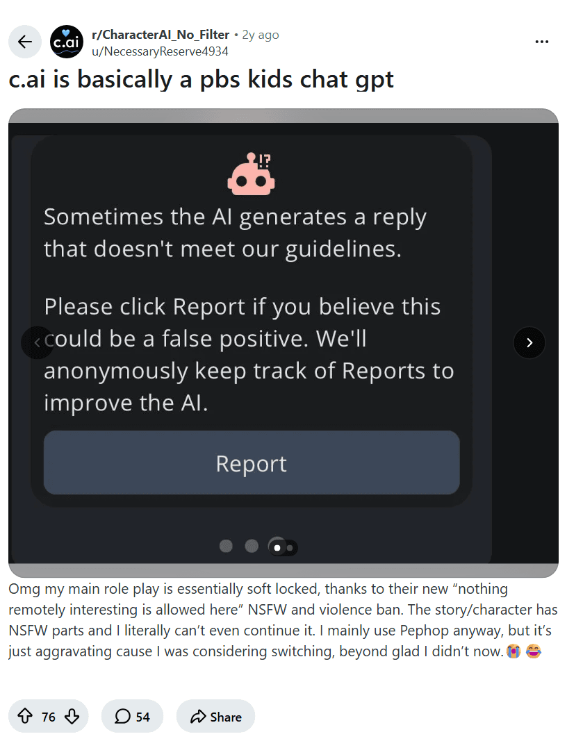 Screenshot of the Reddit post "c.ai is basically a pbs kids chat gpt"