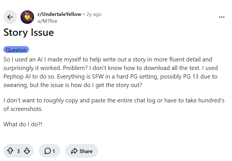 Screenshot of the Reddit post "Story Issue"
