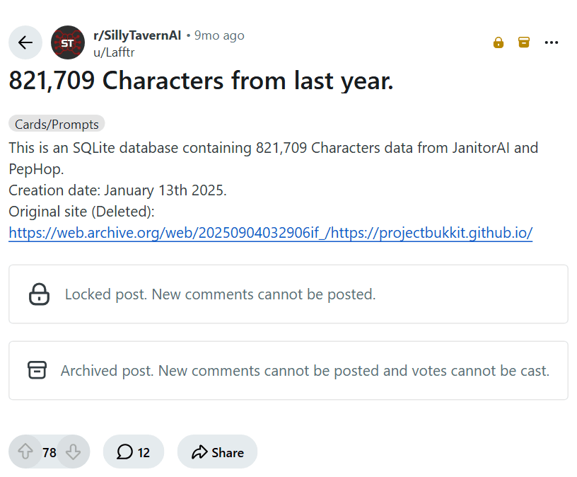 Screenshot of the Reddit post "821,709 Characters from last year."