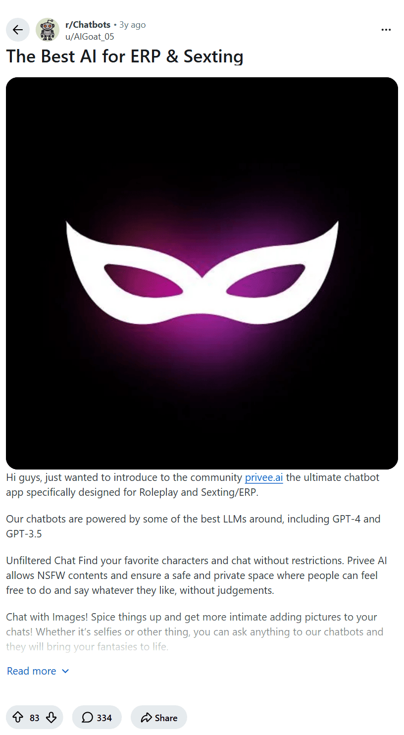 Screenshot of the Reddit post "The Best AI for ERP & Sexting"