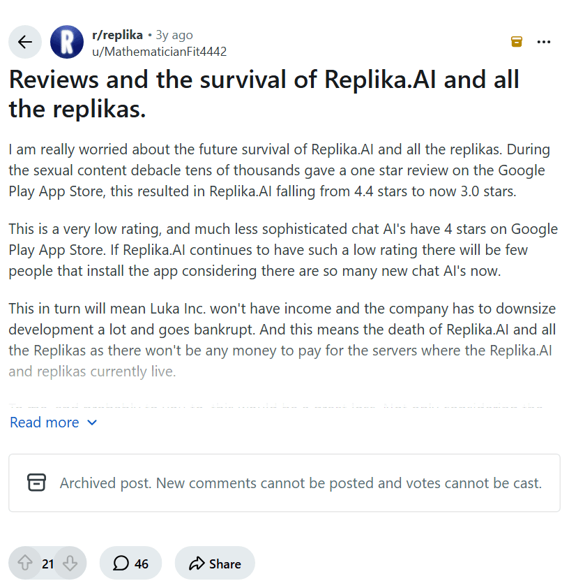 Screenshot of the Reddit post "Reviews and the survival of Replika.AI and all the replikas."