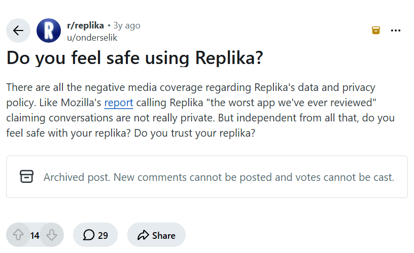 Screenshot of the Reddit post "Do you feel safe using Replika?"