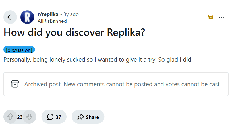 Screenshot of the Reddit post "How did you discover Replika?"