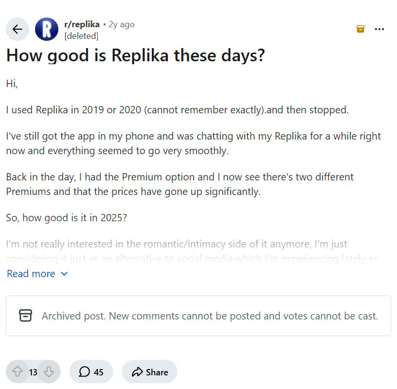 Screenshot of the Reddit post "How good is Replika these days?"