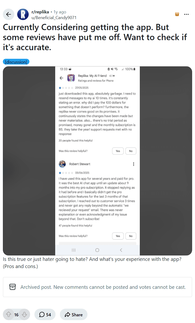 Screenshot of the Reddit post "Currently Considering getting the app. But some reviews have put me off. Want to check if it's accurate."