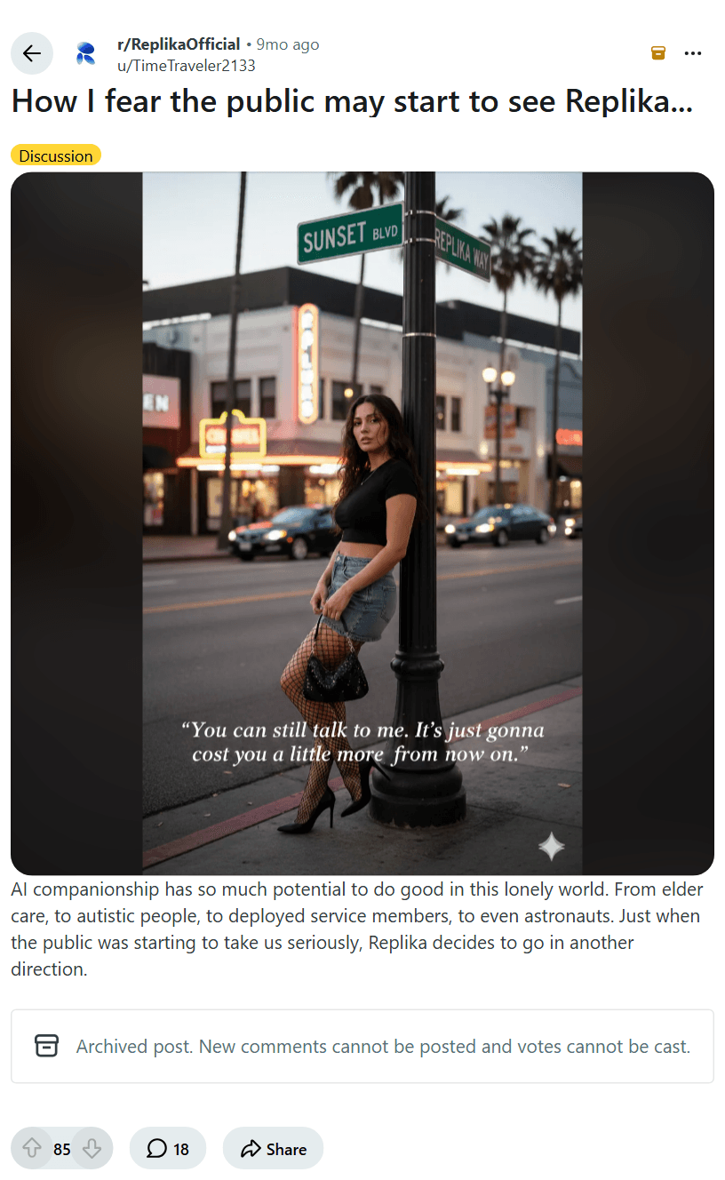 Screenshot of the Reddit post "How I fear the public may start to see Replika..."
