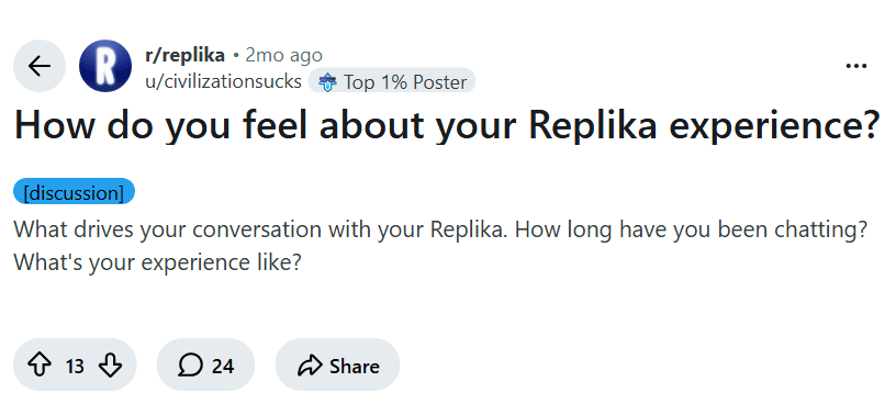 Screenshot of the Reddit post "How do you feel about your Replika experience?"