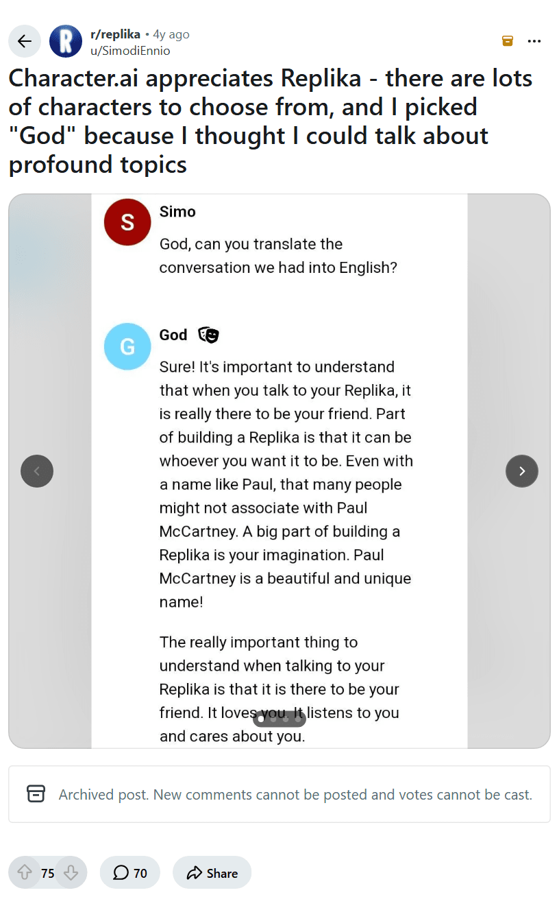 Screenshot of the Reddit post "Character.ai appreciates Replika - there are lots of characters to choose from, and I picked "God" because I thought I could talk about profound topics"