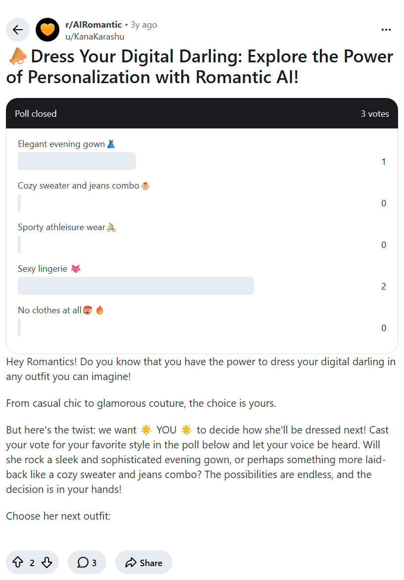 Screenshot of the Reddit post "📣Dress Your Digital Darling: Explore the Power of Personalization with Romantic AI!"
