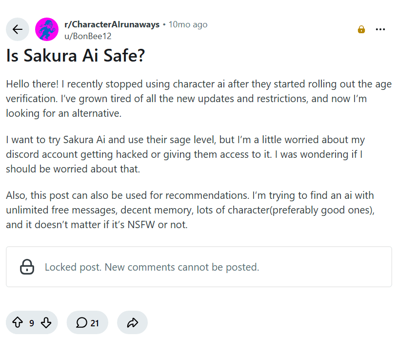 Screenshot of the Reddit post "Is Sakura Ai Safe?"