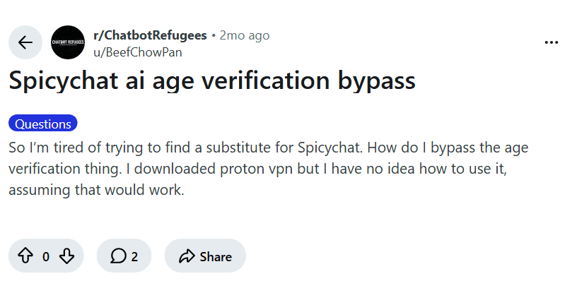 Screenshot of the Reddit post "Spicychat ai age verification bypass"
