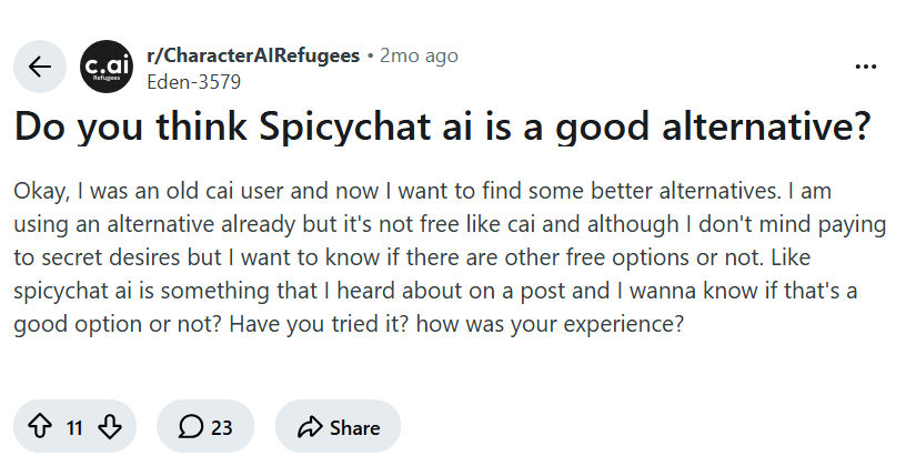 Screenshot of the Reddit post "Do you think Spicychat ai is a good alternative?"