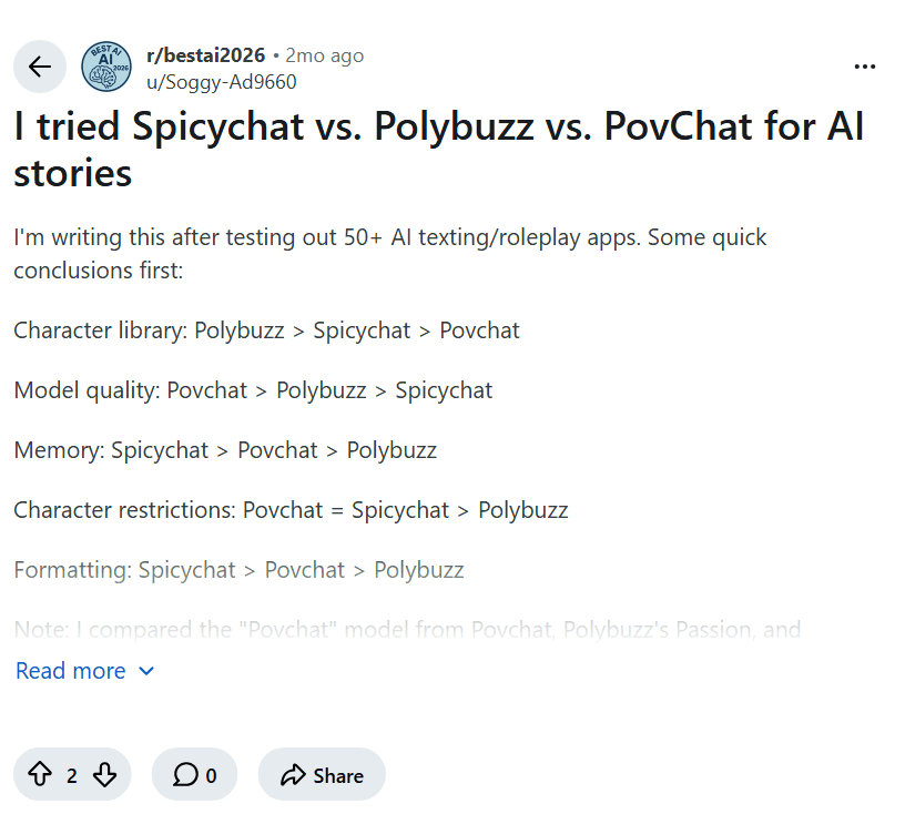 Screenshot of the Reddit post "I tried Spicychat vs. Polybuzz vs. PovChat for AI stories"