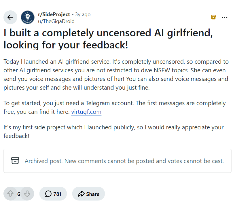 Screenshot of the Reddit post "I built a completely uncensored AI girlfriend, looking for your feedback!"
