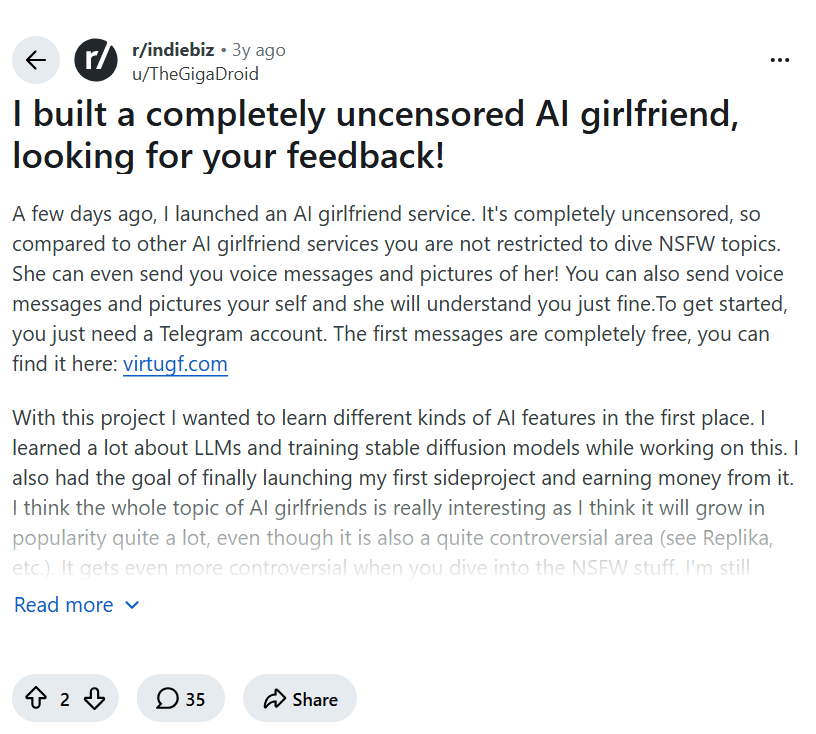 Screenshot of the Reddit post "I built a completely uncensored AI girlfriend, looking for your feedback!"