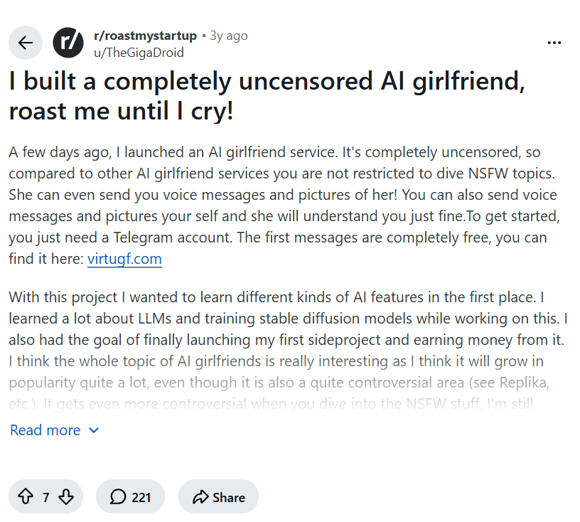 Screenshot of the Reddit post "I built a completely uncensored AI girlfriend, roast me until I cry!"