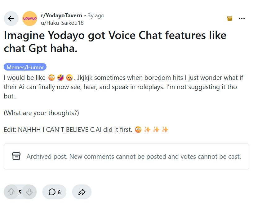 Screenshot of the Reddit post "Imagine Yodayo got Voice Chat features like chat Gpt haha."