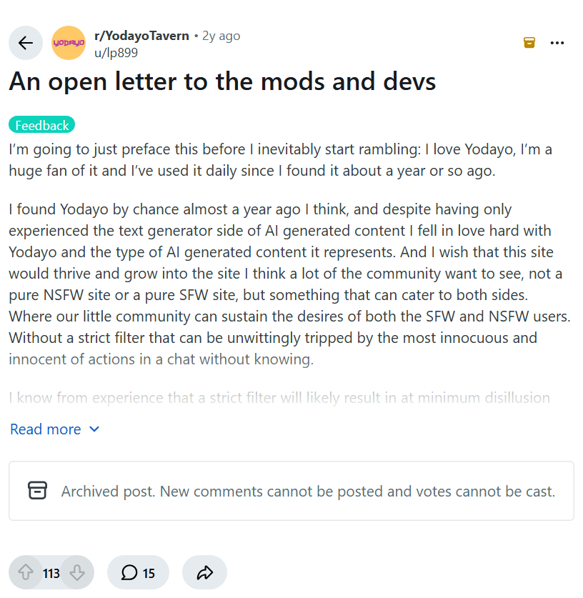 Screenshot of the Reddit post "An open letter to the mods and devs"