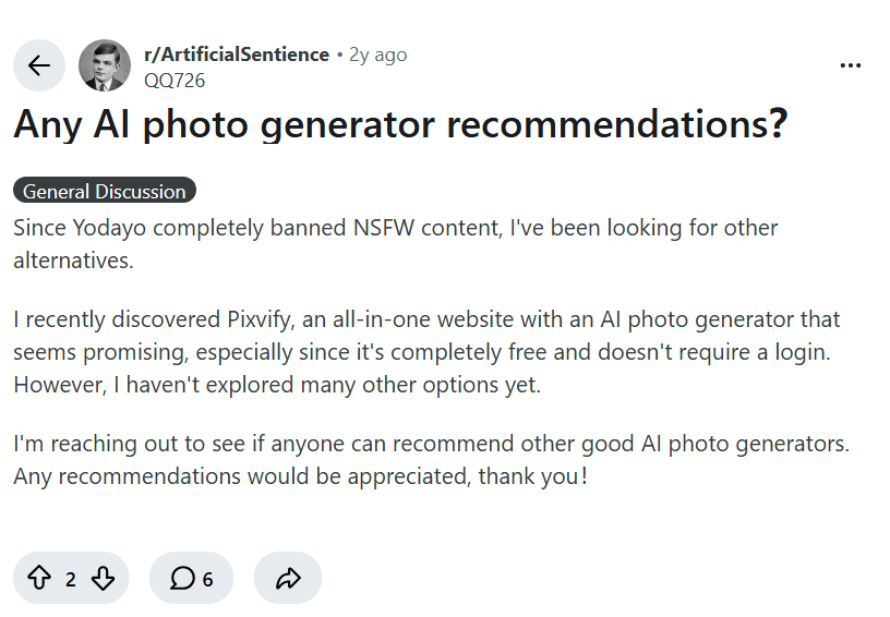 Screenshot of the Reddit post "Any AI photo generator recommendations?"