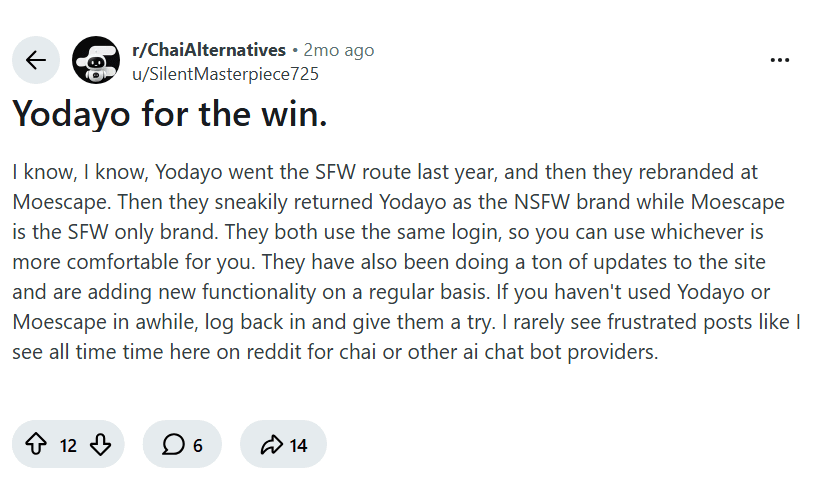 Screenshot of the Reddit post "Yodayo for the win."