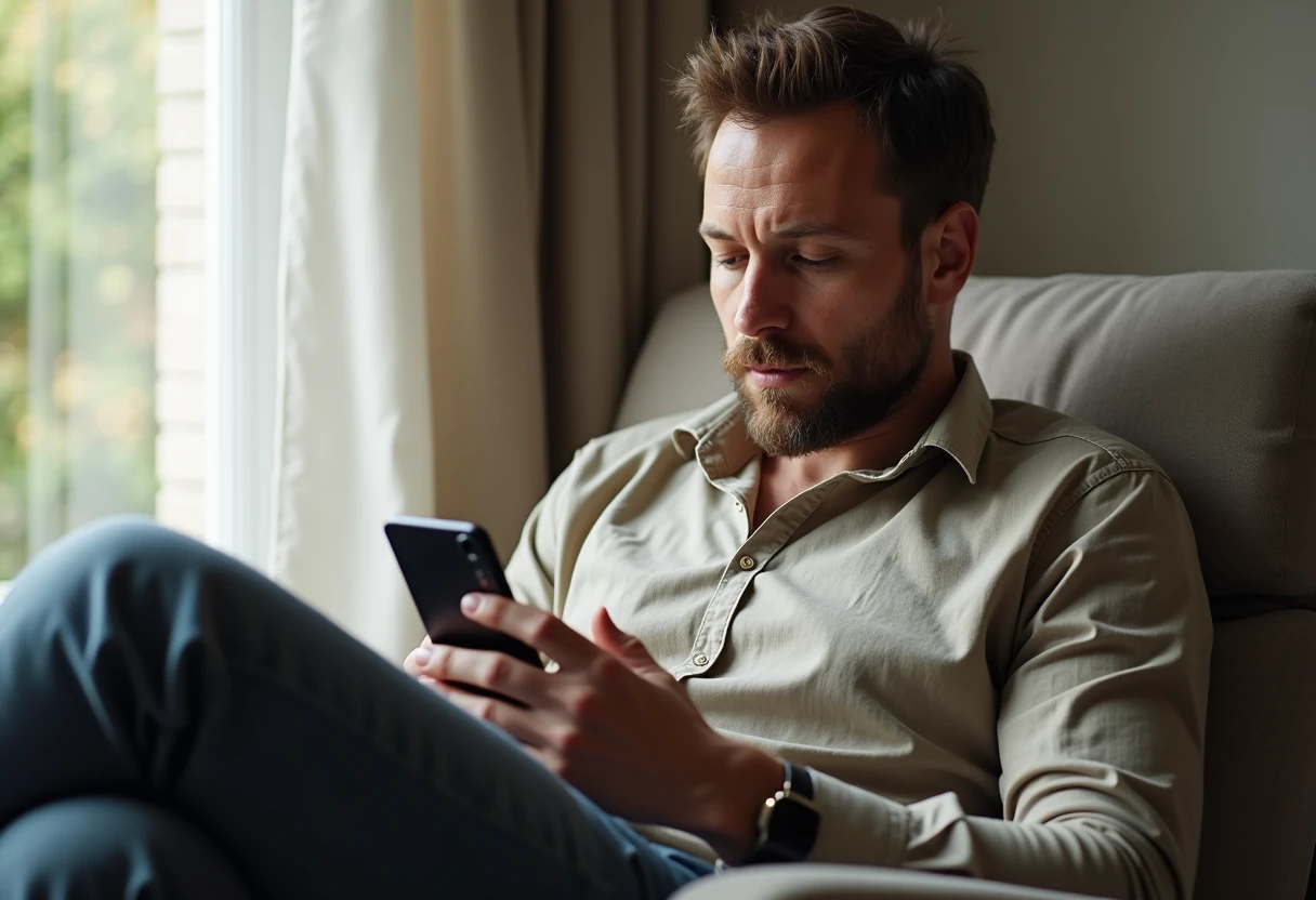 Man carefully reviewing privacy settings on his smartphone at home