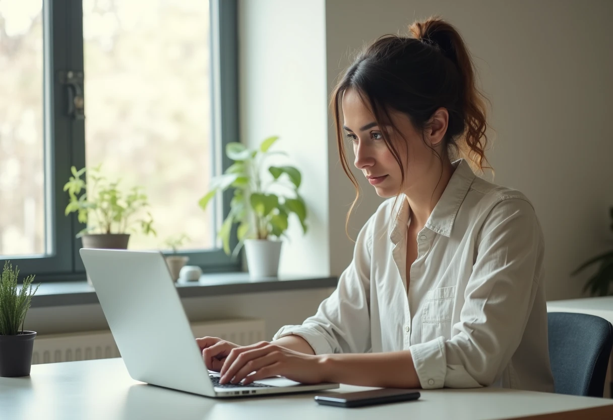 Woman working at a modern desk with a laptop and smartphone in a bright workspace