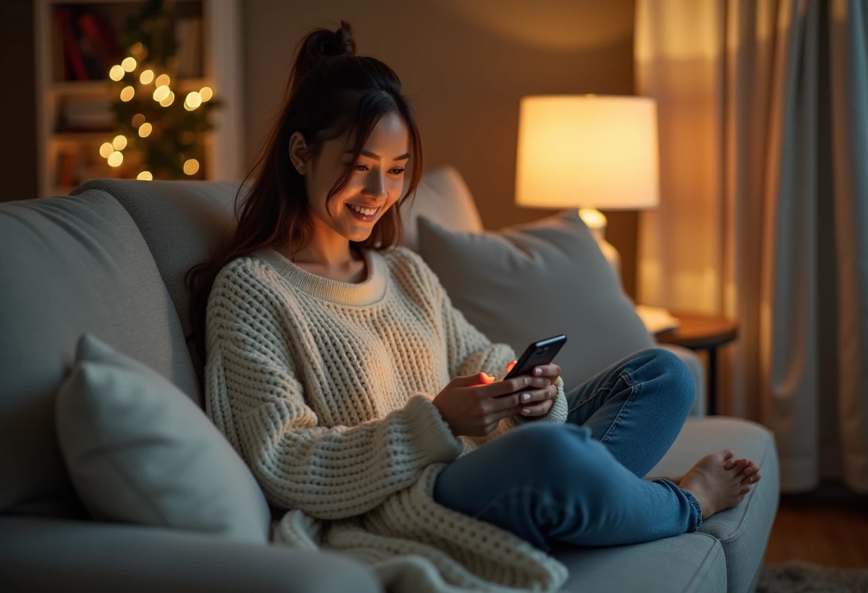 Young woman sitting under a blanket on the couch smiling at her phone in the evening