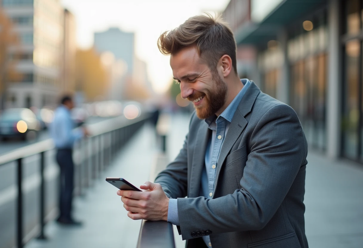 Man glancing at his smartphone with a warm smile during an outdoor office break