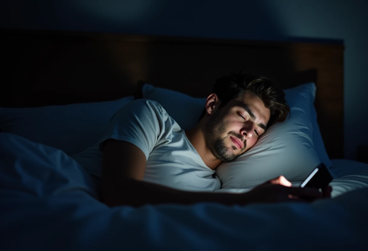 Man lying in bed at night looking at his phone with the screen glowing