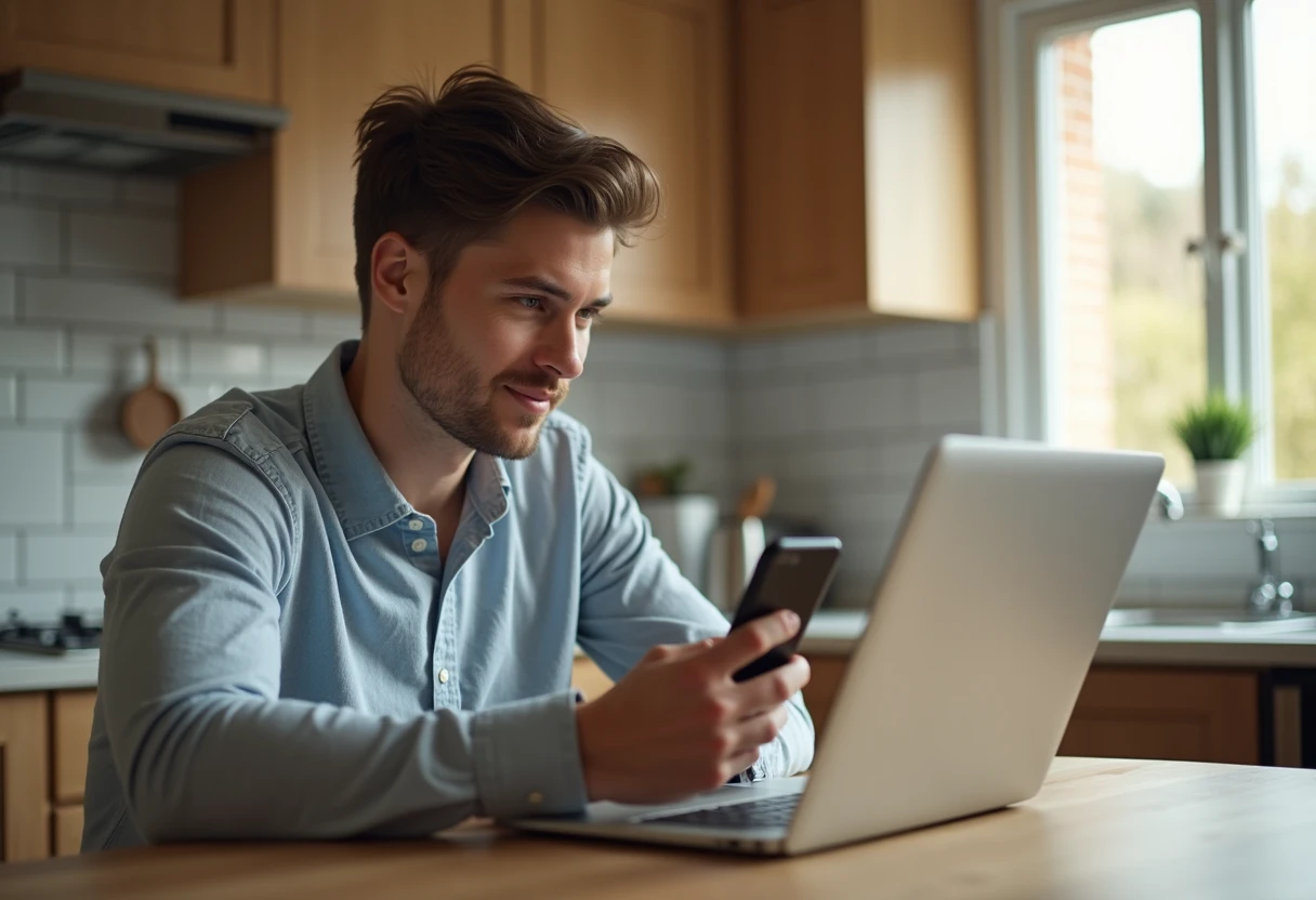 Man comparing apps on a laptop and smartphone at a kitchen table