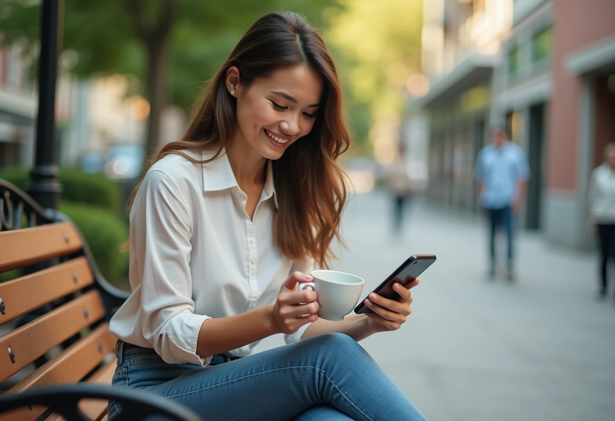 Woman sitting outside on a work break looking at her phone and smiling