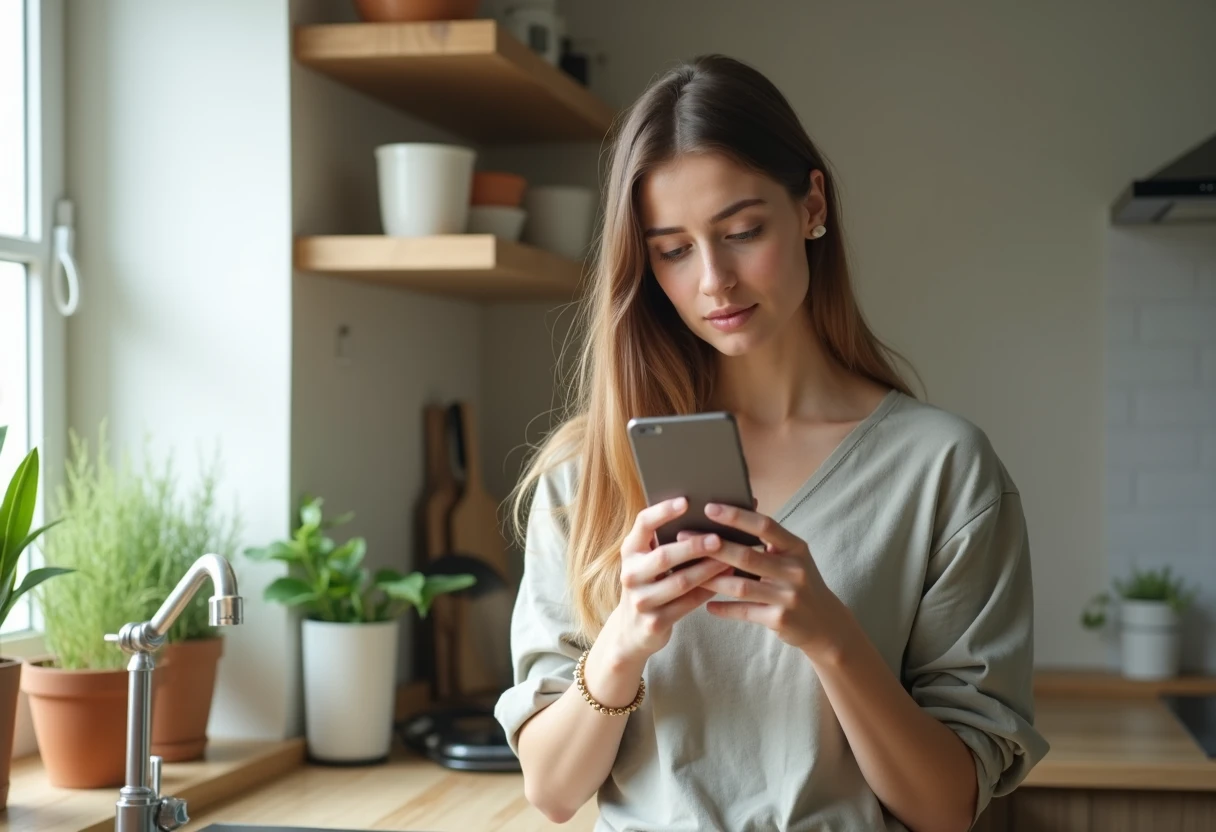 Woman in a bright kitchen looking curiously at her smartphone screen