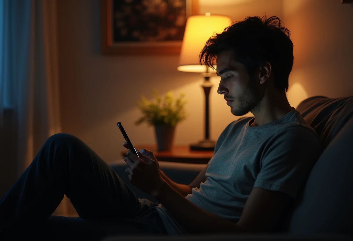 Man sitting alone on a couch in the evening looking at his phone with a lamp glowing beside him