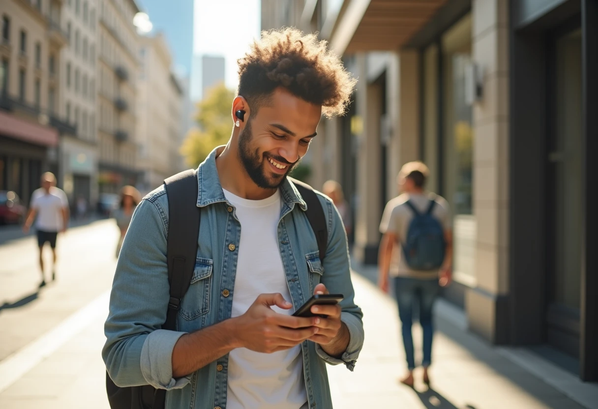 Man wearing wireless earbuds looking at his phone while walking outside