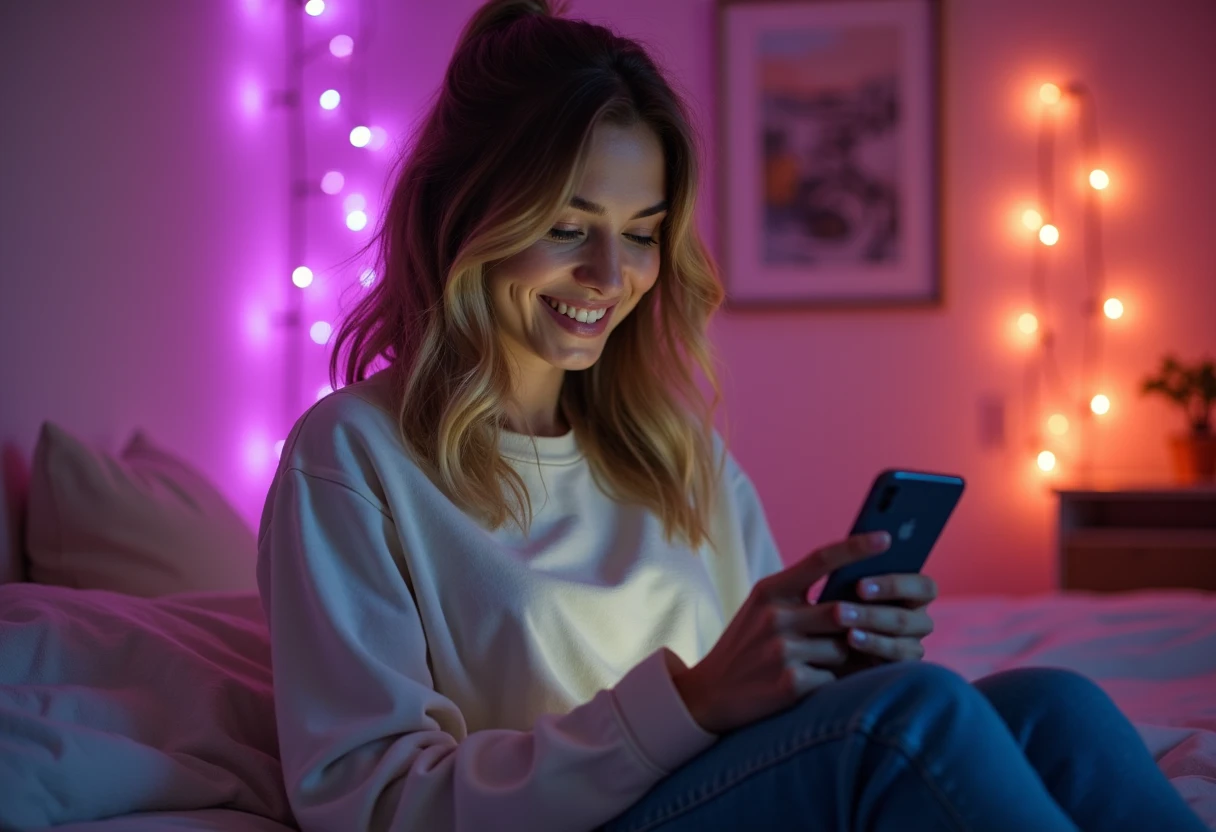 Woman sitting on her bed with a smartphone under soft pink ambient lighting