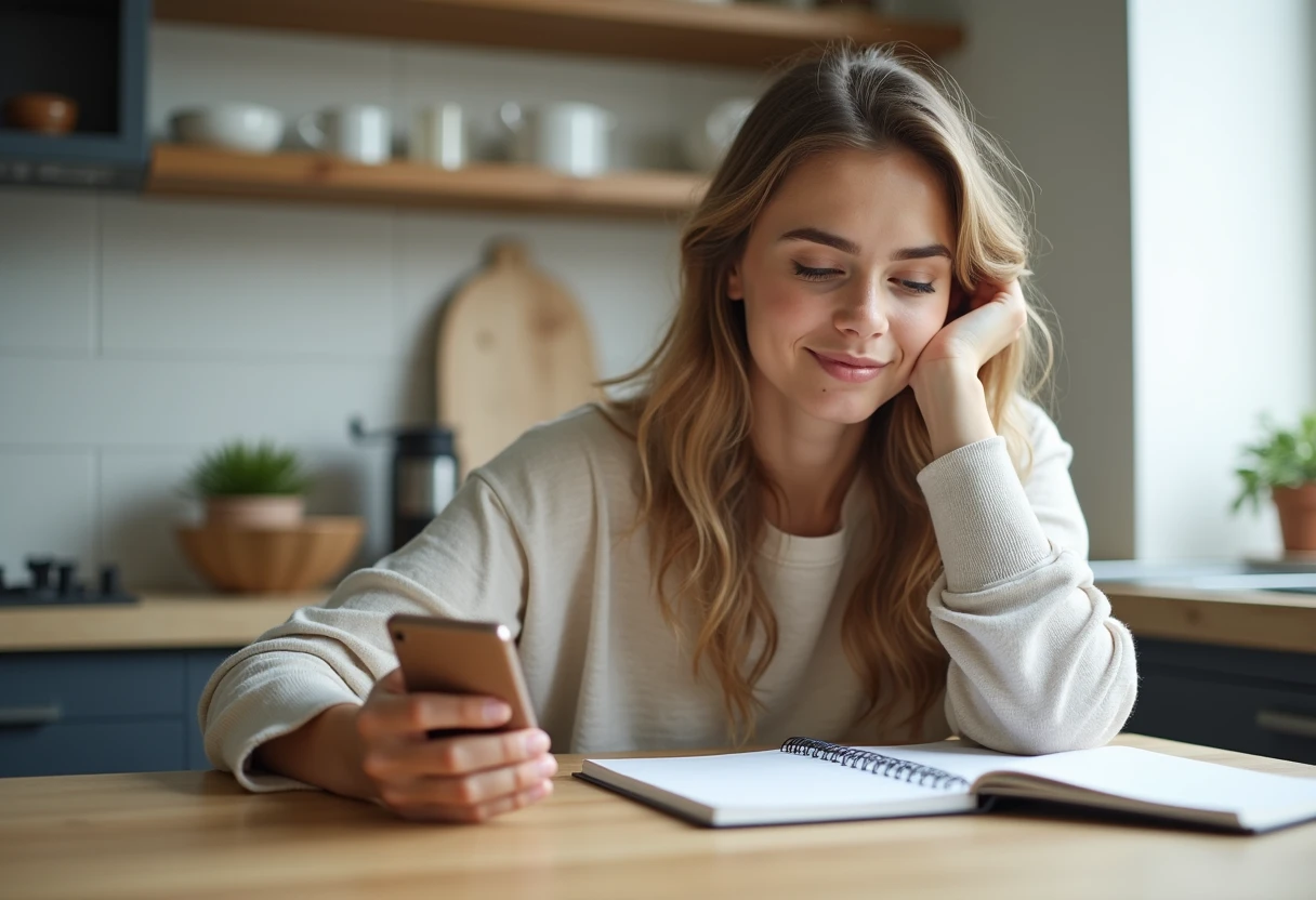 Woman at a kitchen table comparing options on her phone with a notebook nearby