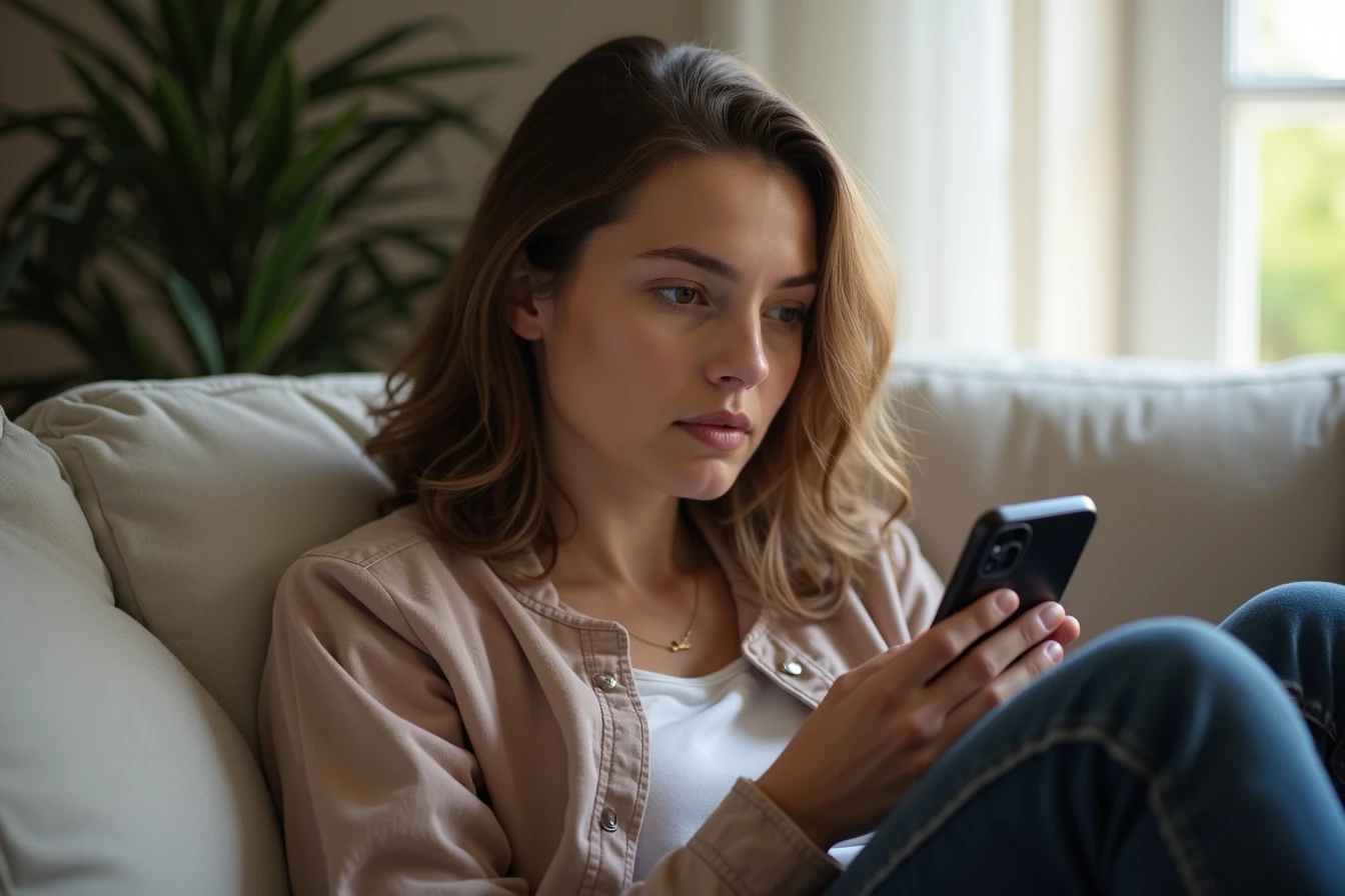 Person in their 30s sitting on a couch looking thoughtfully at their phone
